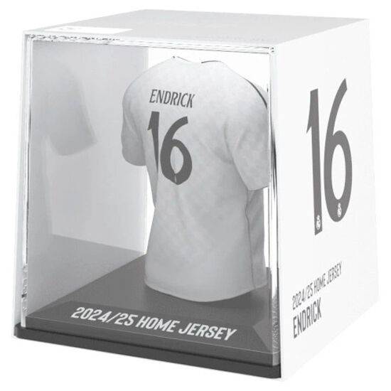 Profil latéral de la figurine Endrick en mini t-shirt Real Madrid sur fond blanc