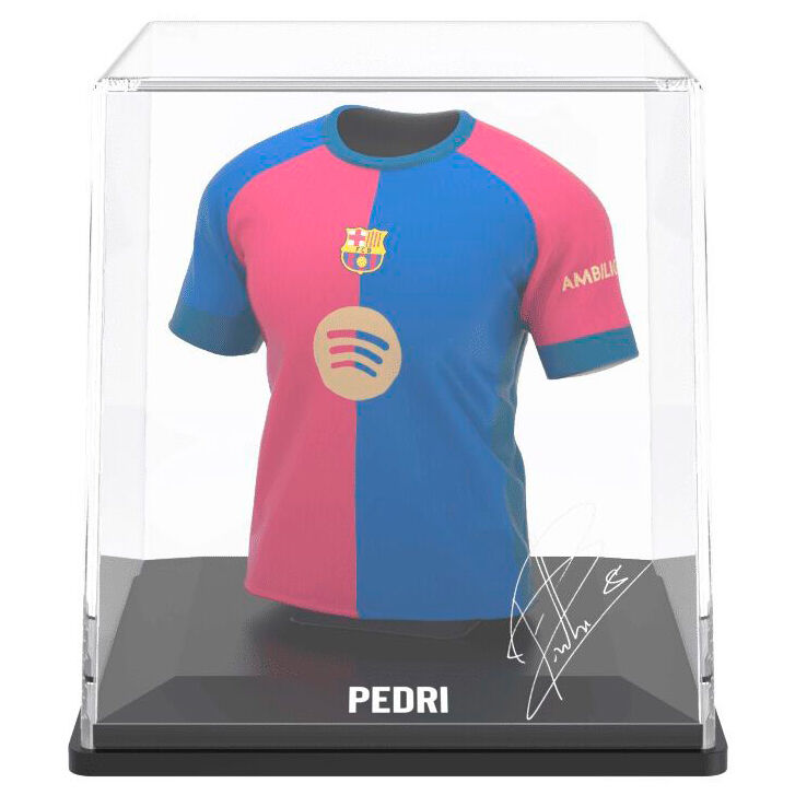 Packaging transparent avec la figurine mini t-shirt FC Barcelona Pedri visible à l'intérieur