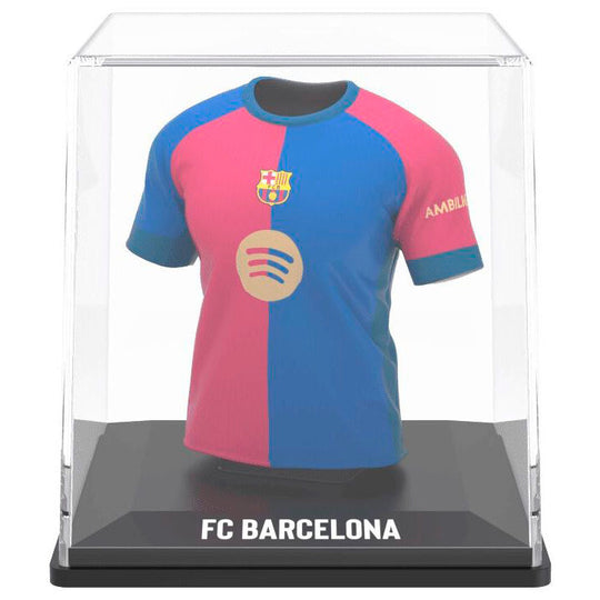 Figurine FC Barcelona avec son étui de protection transparent, dimensions compactes.
