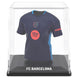 Gros plan sur la texture vinyle et acrylique du mini t-shirt FC Barcelona signé BANBO TOYS