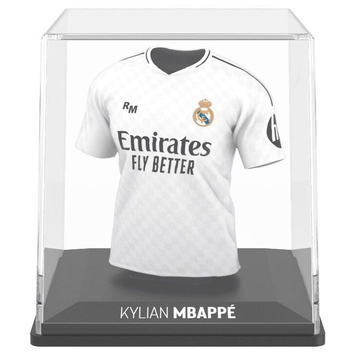 Figurine mini t-shirt Mbappé Real Madrid posée dans son étui transparent de protection