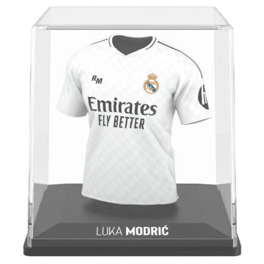 Vue arrière de la figurine Modric montrant le dos du mini t-shirt Real Madrid et son étui