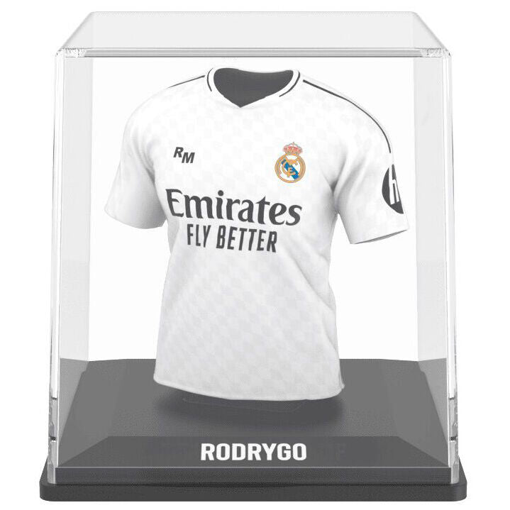 Vue latérale de la figurine mini t-shirt Rodrygo Real Madrid montrant la qualité des matériaux