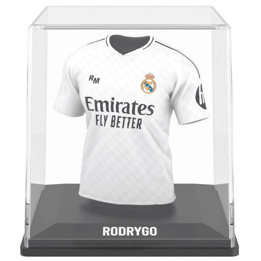 Vue latérale de la figurine mini t-shirt Rodrygo Real Madrid montrant la qualité des matériaux