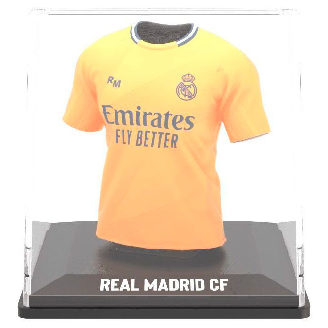 Mini t-shirt Real Madrid dans son étui transparent, dimensions précises visibles
