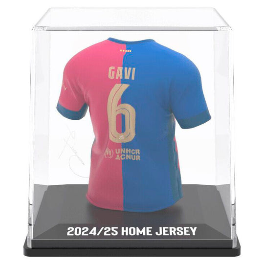 Vue latérale de la figurine mini t-shirt FC Barcelona Gavi avec logo officiel