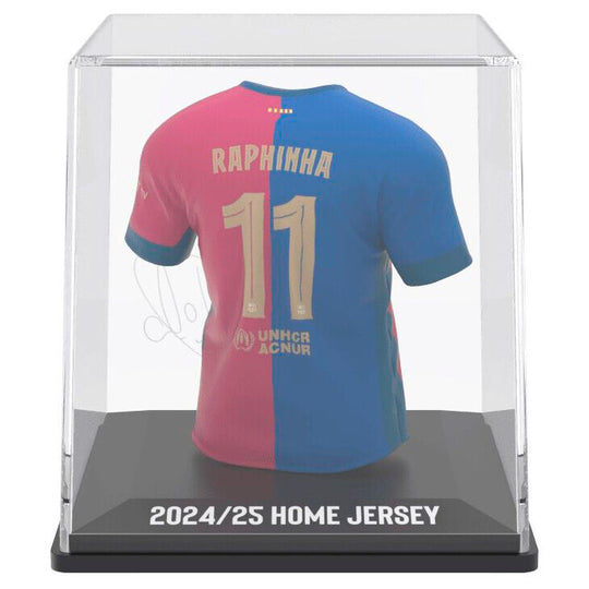 Mini t-shirt Raphinha FC Barcelona posé sur fond neutre avec étui