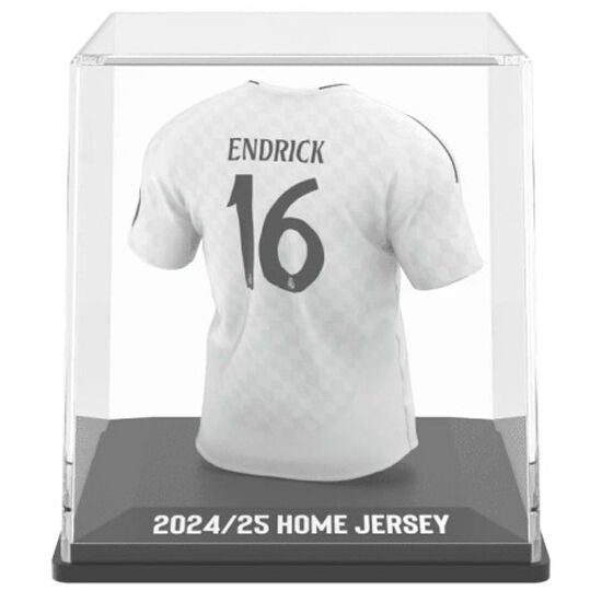 Packaging transparent montrant la figurine mini t-shirt Real Madrid Endrick avec dimensions visibles