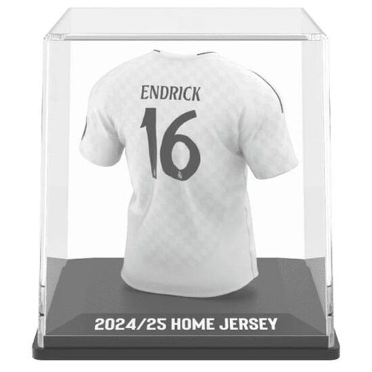 Packaging transparent montrant la figurine mini t-shirt Real Madrid Endrick avec dimensions visibles