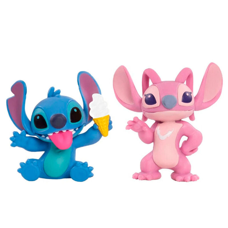 Présentation des figurines Stitch sur fond blanc, parfait pour collection Disney