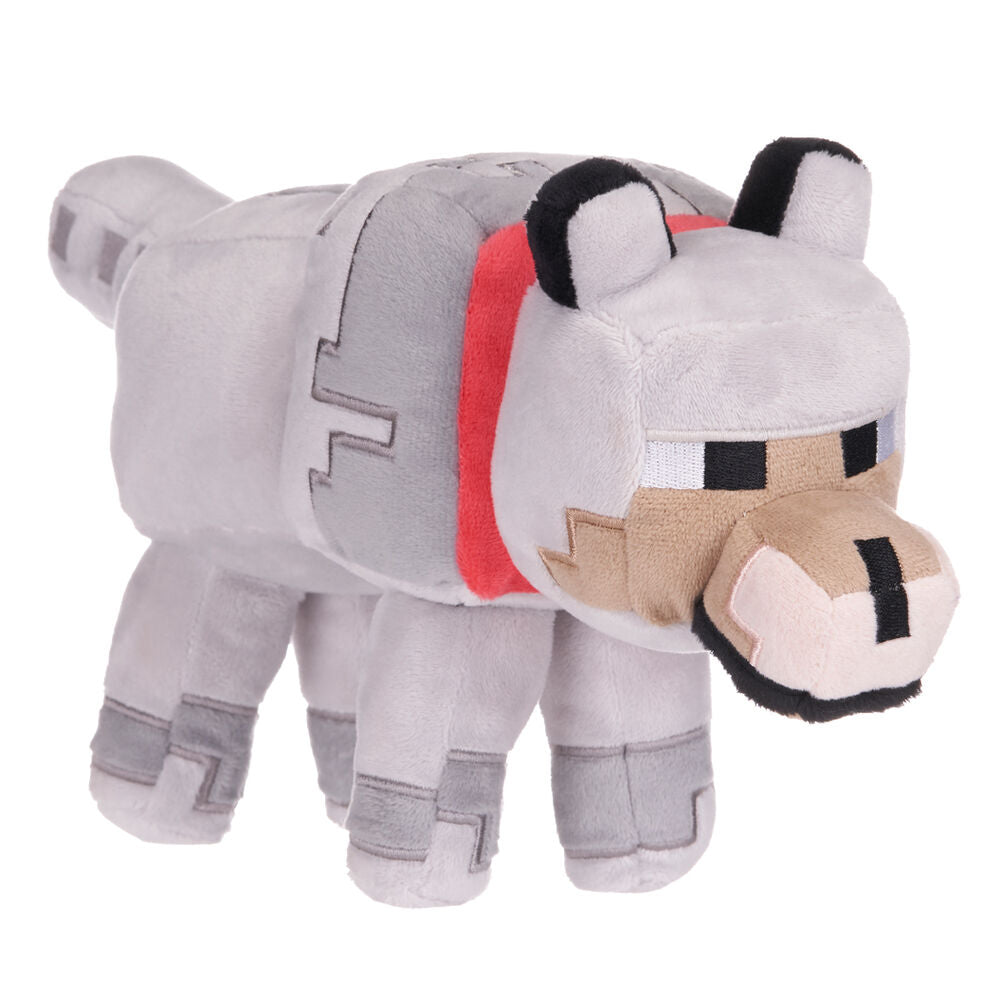 Peluche Minecraft représentant un loup gris de 26 cm signée PLAY BY PLAY, idéale pour les enfants et fans du jeu.