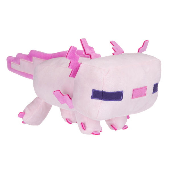 Peluche Axolotl Minecraft de 26 cm, douce et colorée, vue de face sur fond blanc.