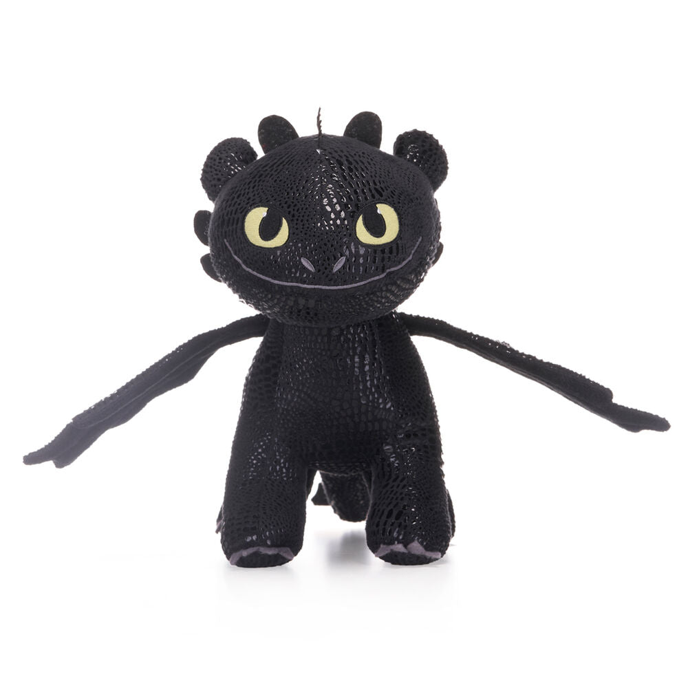 Peluche Toothless de 30 cm vue de face avec ses grands yeux expressifs et ses ailes déployées, inspirée de How to Train Your Dragon