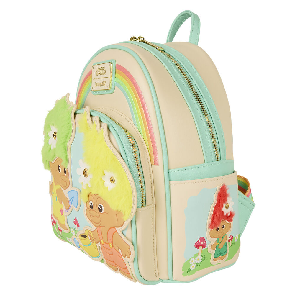Vue latérale du sac à dos Loungefly Trolls Retro avec fermeture éclair et bretelles ajustables