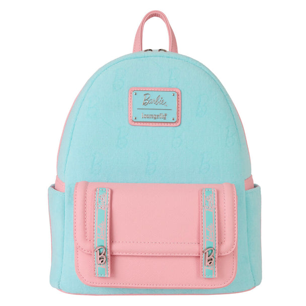 Vue avant du sac à dos Loungefly Barbie de 26 cm avec design coloré et logo distinctif