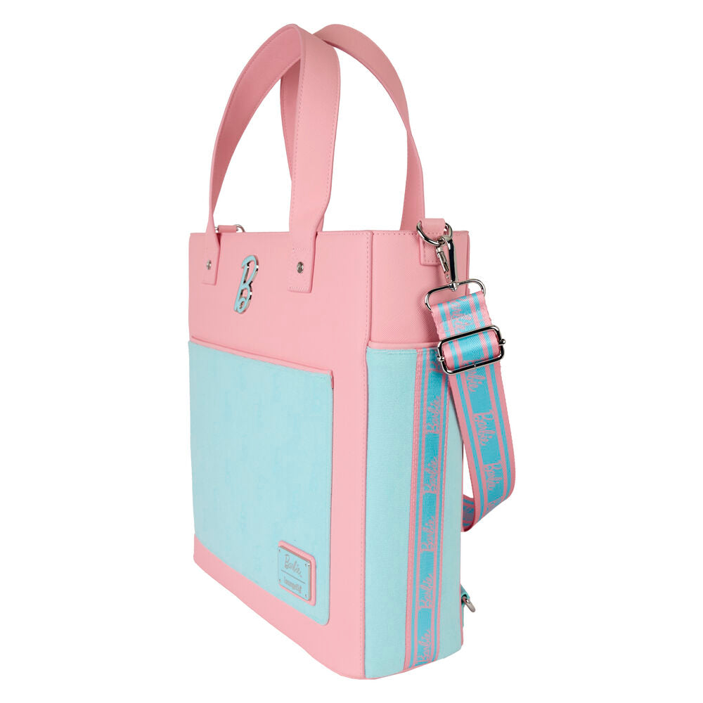 Sac à dos Loungefly Barbie vue de face avec motifs colorés et logo Barbie sur fond rose