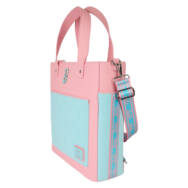 Sac à dos Loungefly Barbie vue de face avec motifs colorés et logo Barbie sur fond rose