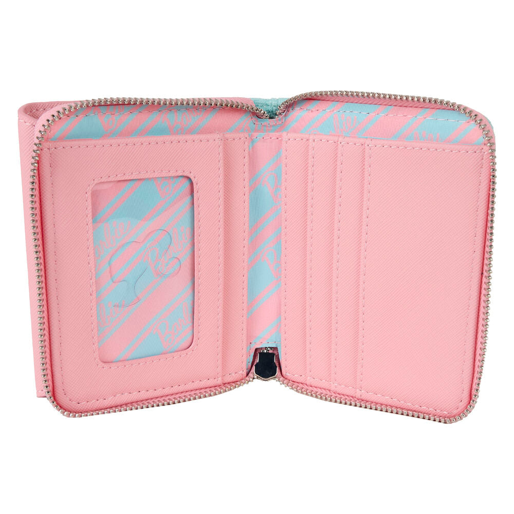 Portefeuille Loungefly Barbie posé sur une surface blanche, mettant en valeur sa taille compacte