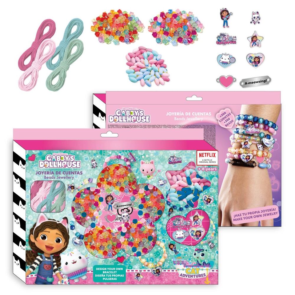 Boîte du set Gabbys Dolls House CERDÁ pour création de bracelets, dimensions 31,5x22x3cm, avec accessoires colorés pour personnalisation.