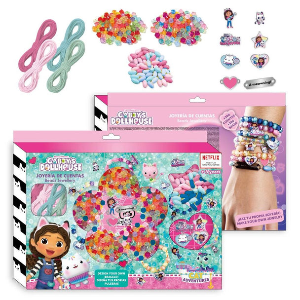 Boîte du set Gabbys Dolls House CERDÁ pour création de bracelets, dimensions 31,5x22x3cm, avec accessoires colorés pour personnalisation.