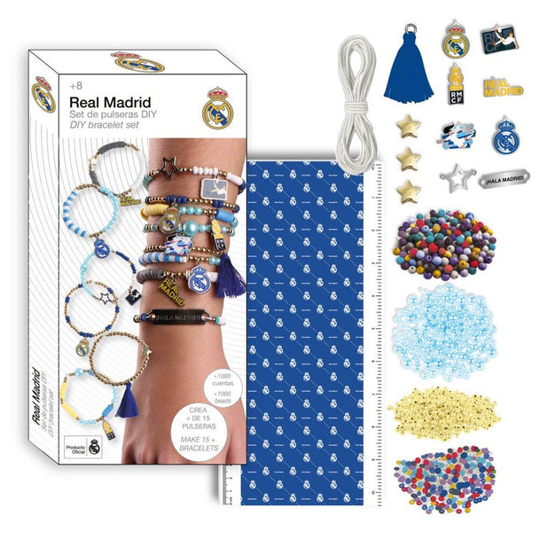 Set de bracelets officiels Real Madrid de la marque CERDÁ avec packaging visible, dimensions 13x28,5x4 cm.