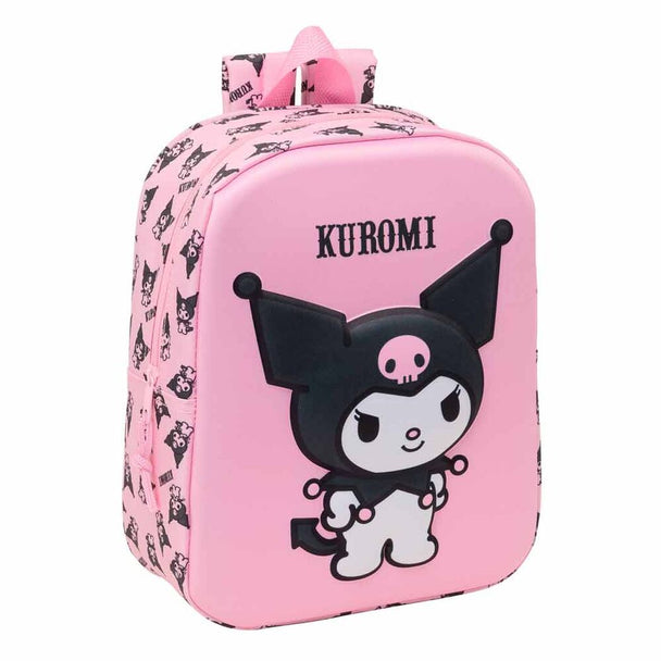 Sac à dos Hello Kitty Kuromi 3D de 27 cm vue de face avec couleurs vives et détails en relief