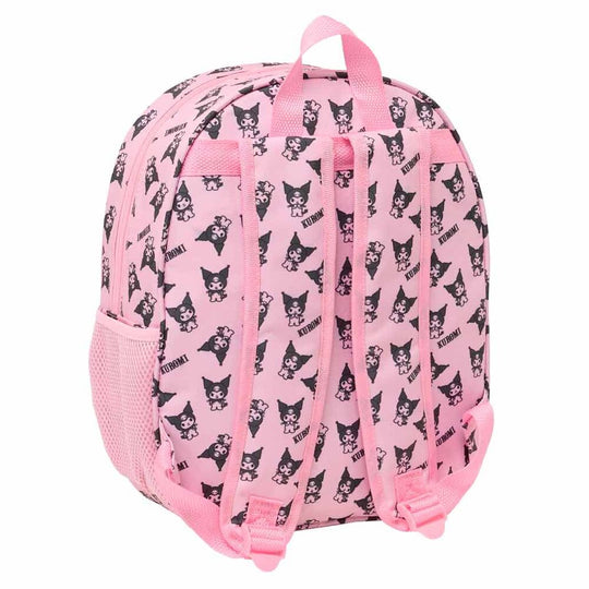 Vue latérale du sac Hello Kitty Kuromi montrant la poche pour bouteille et la poignée supérieure