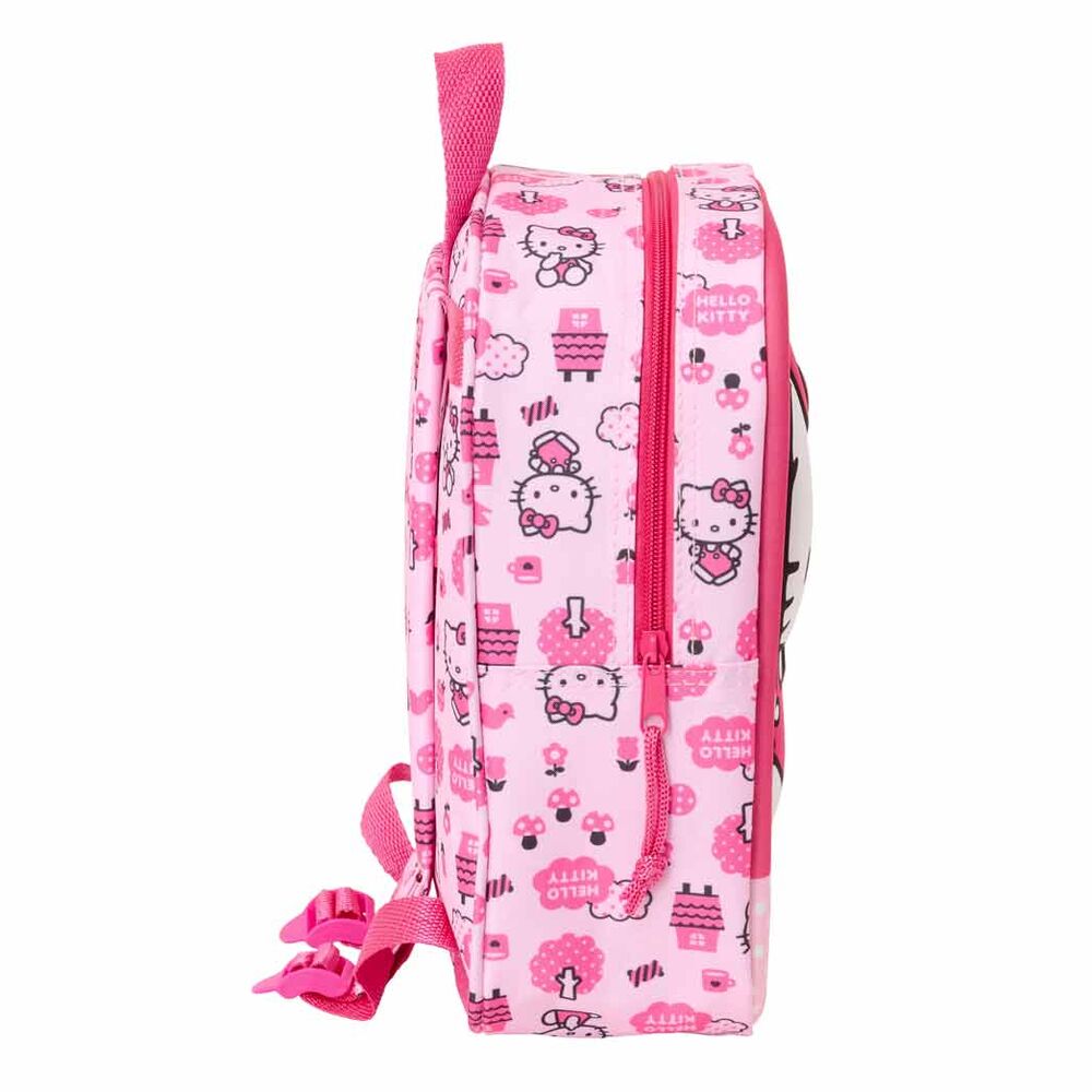 Vue latérale du sac à dos Hello Kitty 3D montrant la poignée supérieure et la profondeur du sac