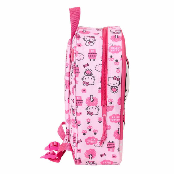 Vue latérale du sac à dos Hello Kitty 3D montrant la poignée supérieure et la profondeur du sac