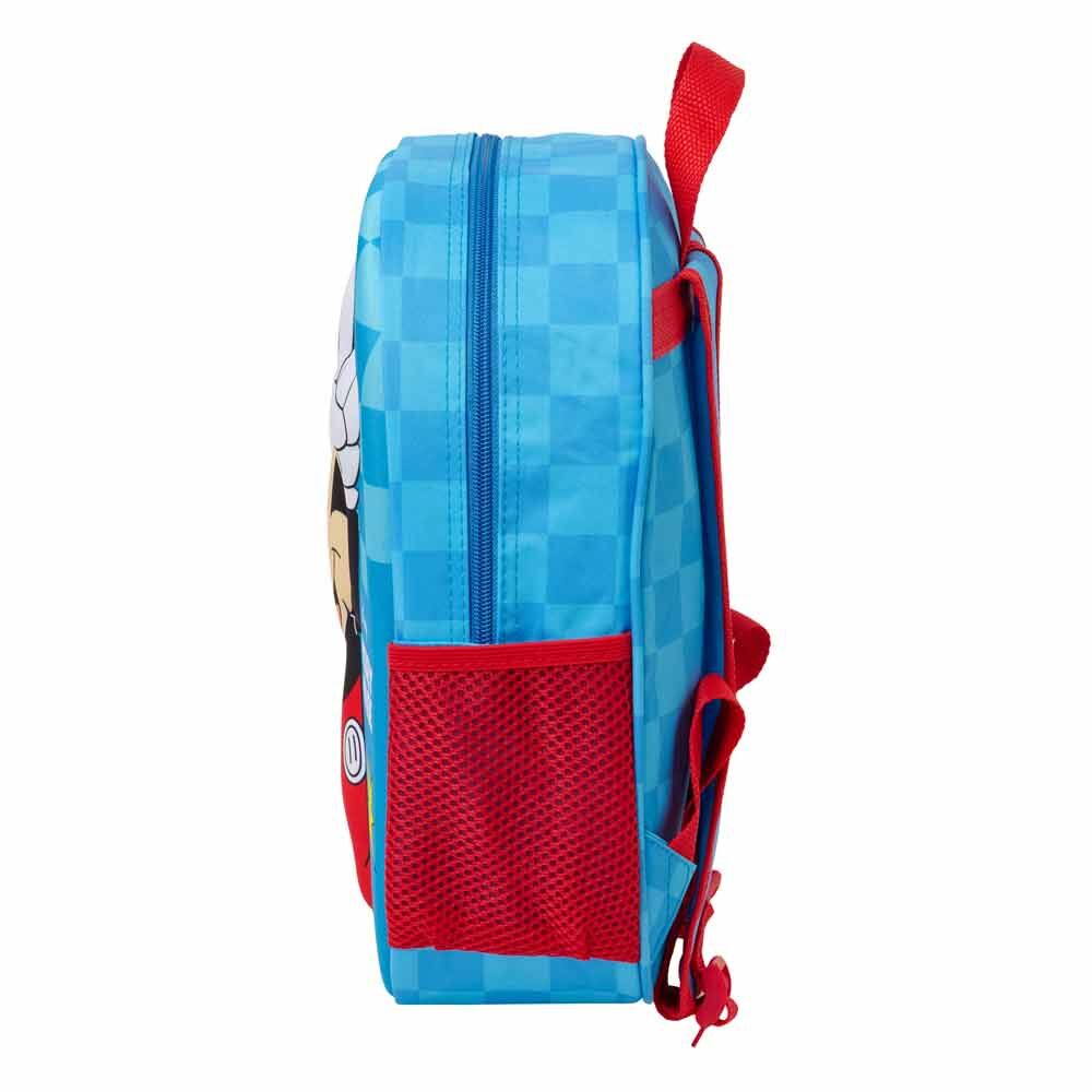 Détail de la poignée supérieure et de la carte d'identification intégrée sur le sac à dos Disney Mickey