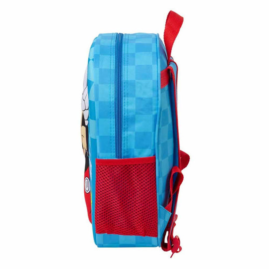 Détail de la poignée supérieure et de la carte d'identification intégrée sur le sac à dos Disney Mickey
