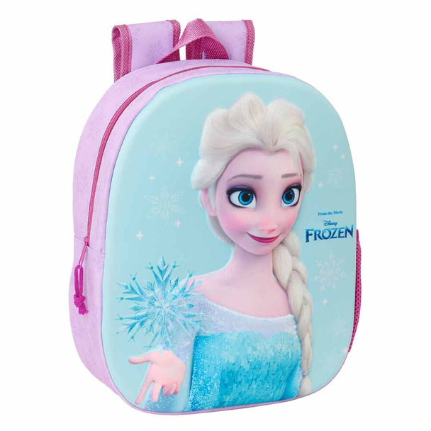 Vue latérale du sac à dos Frozen montrant la poche pour bouteille et la poignée supérieure