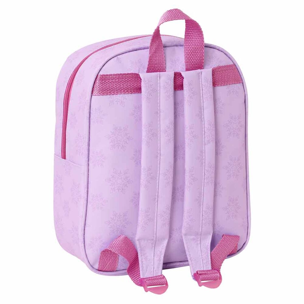 Détail des bretelles rembourrées et carte d'identification personnalisable du sac Frozen