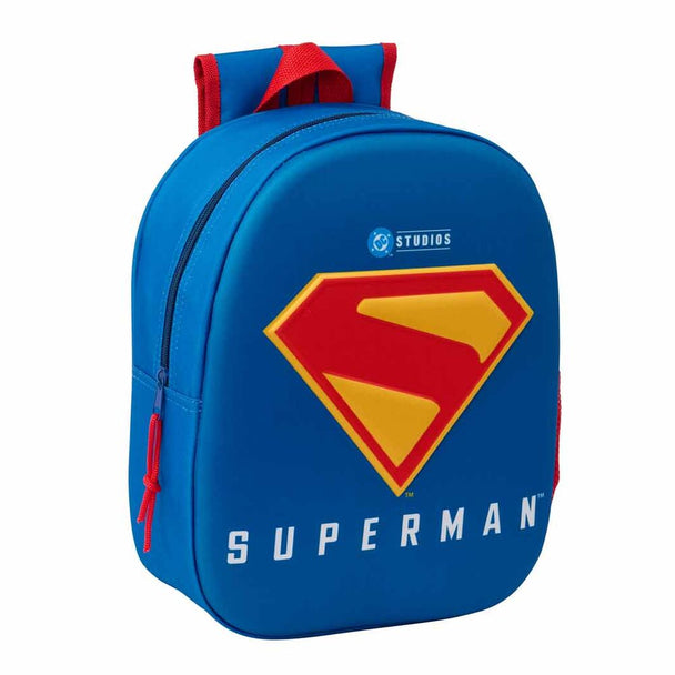 Profil latéral du sac à dos Superman avec poche pour bouteille et bretelles rembourrées confortables
