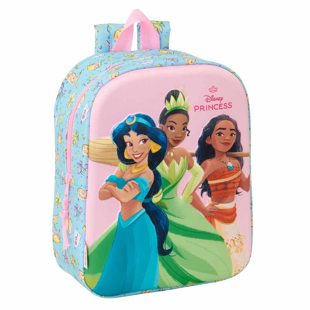 Détail du design 3D du sac à dos Disney Princess pour petite fille, idéal pour l'école maternelle