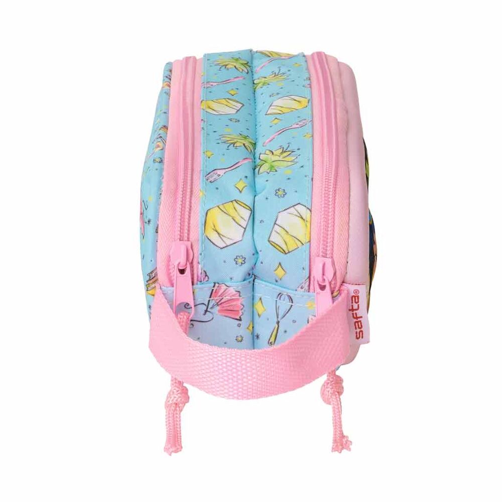 Vue latérale de la trousse Disney Princess 3D montrant l'espace intérieur et les fermetures éclair