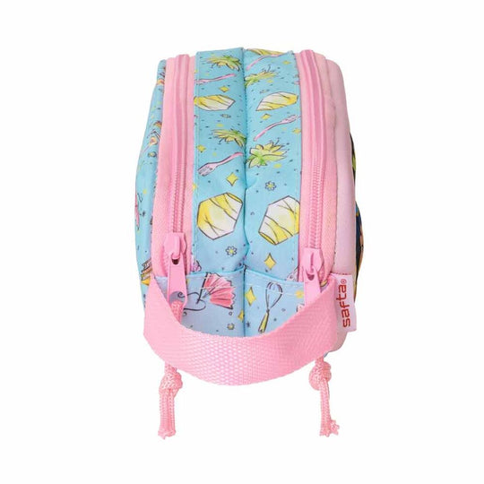Vue latérale de la trousse Disney Princess 3D montrant l'espace intérieur et les fermetures éclair