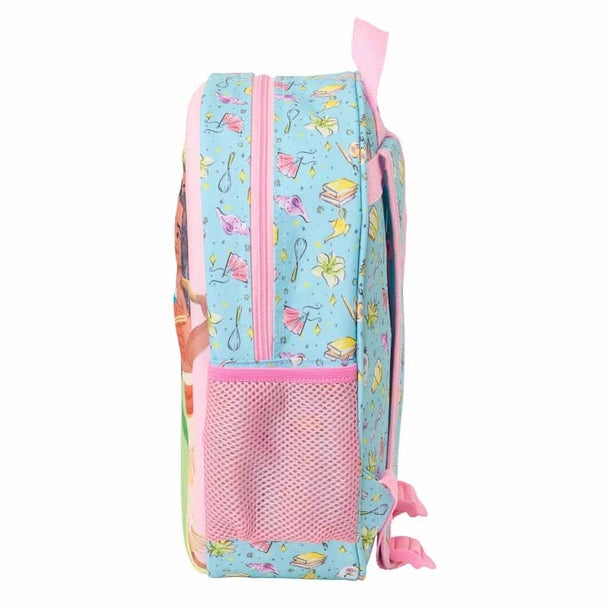 Vue de côté du sac à dos Disney Princess montrant la poche latérale pour bouteille et la poignée supérieure