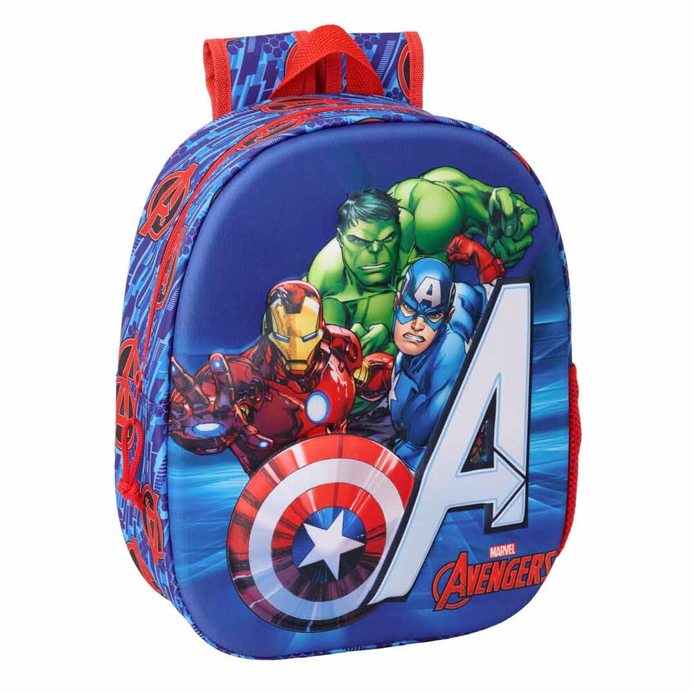 Vue de dessus du sac à dos Marvel Avengers 3D montrant la poignée de transport et la carte d'identification