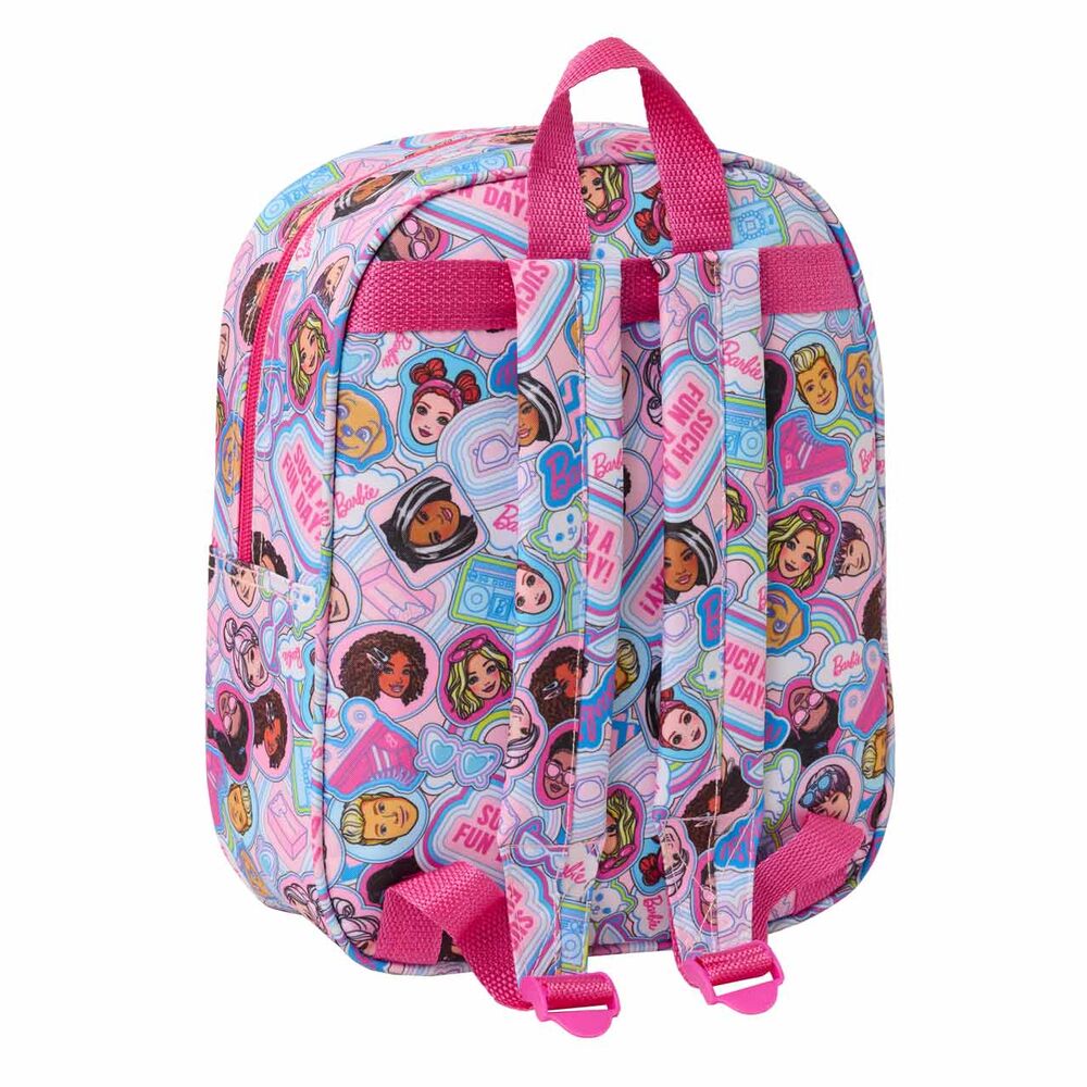 Sac à dos Barbie 3D rose de 27 cm avec fermeture éclair visible sur fond blanc