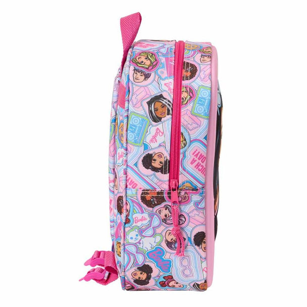 Vue de côté du sac à dos Barbie 3D montrant la poignée supérieure et le design coloré