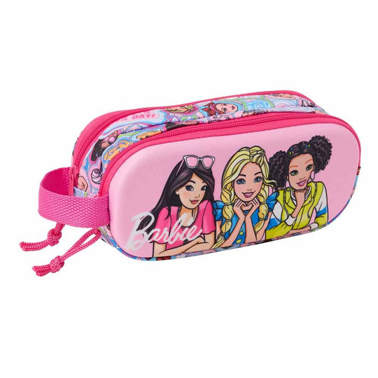 Vue intérieure montrant les deux compartiments séparés avec fermetures éclair de la trousse Barbie 3D