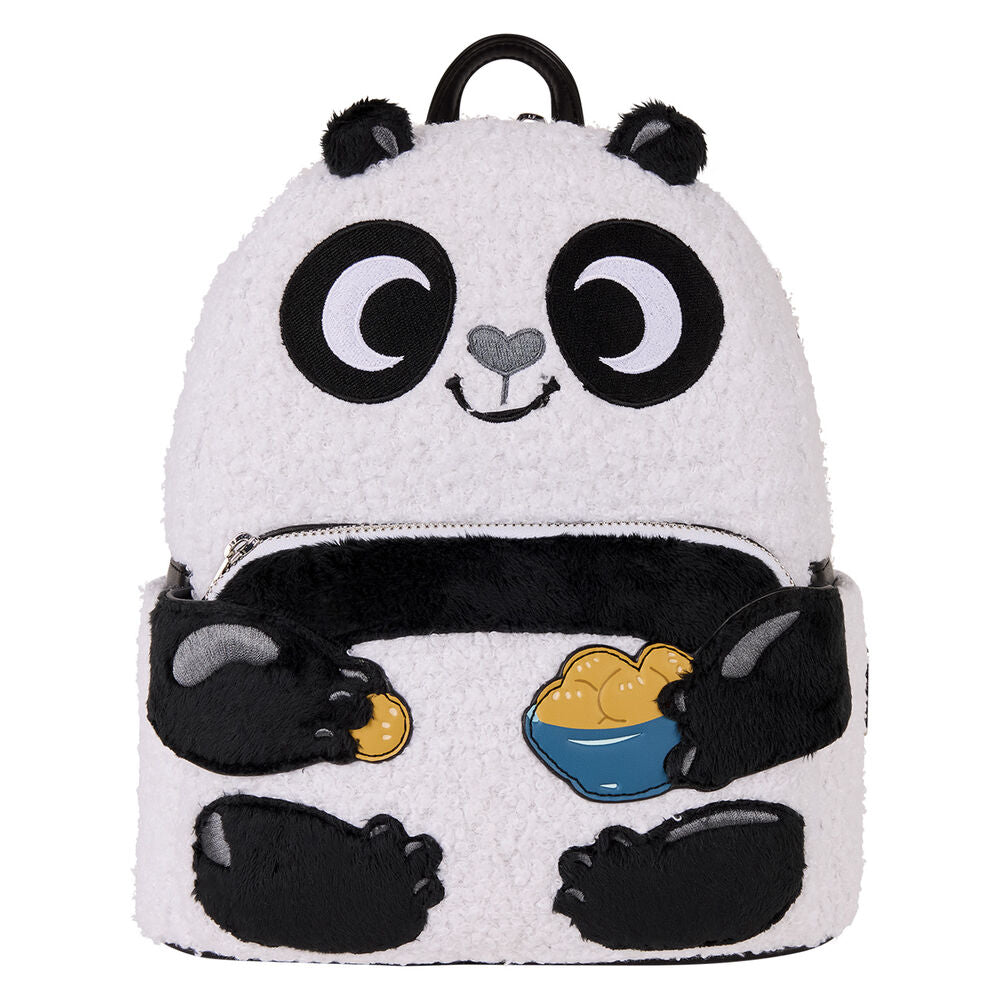 Sac à dos peluche Loungefly Kung Fu Panda vue de face avec détails du visage et couleurs vives