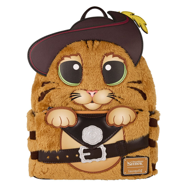 Vue de face du sac à dos peluche Loungefly Chat Potté de Shrek avec détails précis et couleurs vives