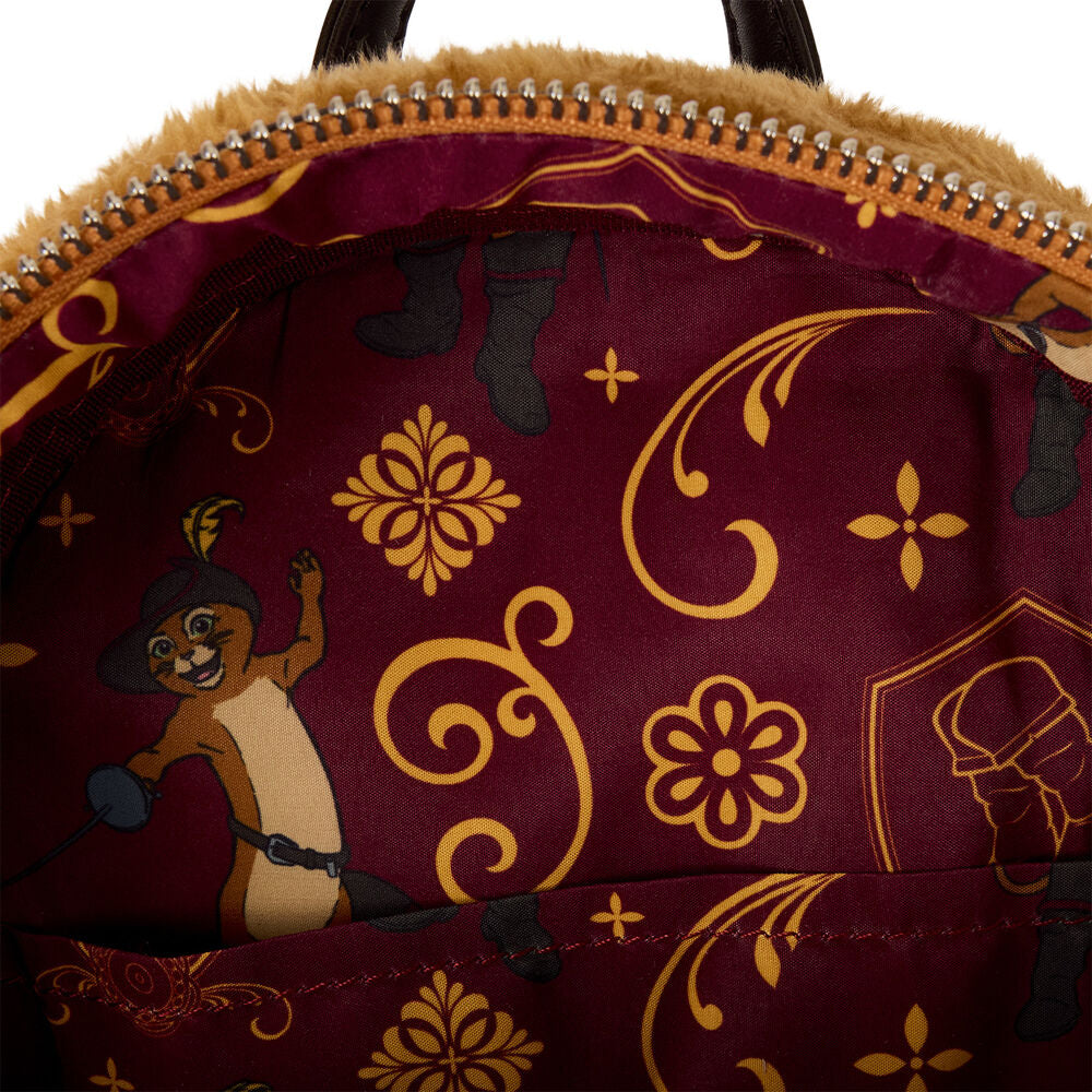 Vue arrière du sac à dos peluche Loungefly Shrek Chat Potté mettant en avant la qualité des coutures