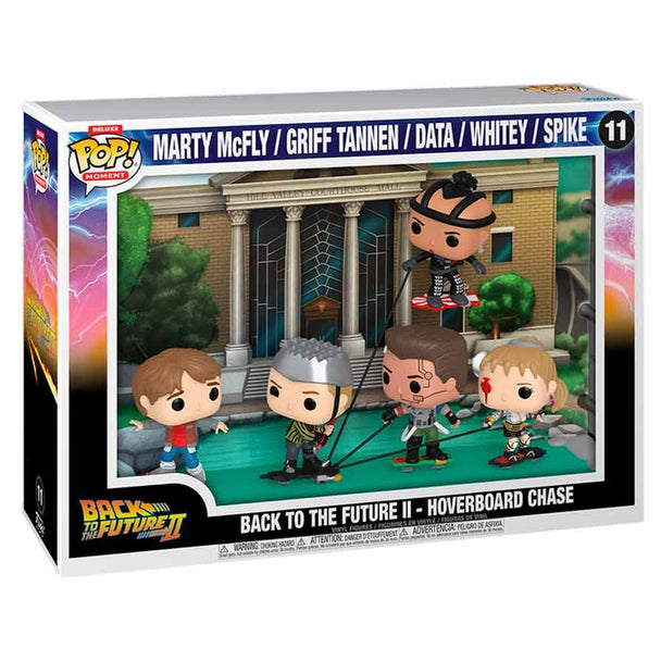 Figurine FUNKO POP Moments Deluxe représentant la scène de la course en hoverboard dans Retour vers le Futur, vue de face