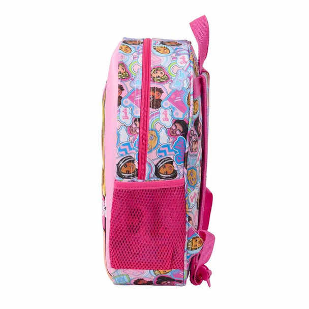 Vue latérale du sac à dos Barbie montrant la poche pour bouteille et la poignée supérieure