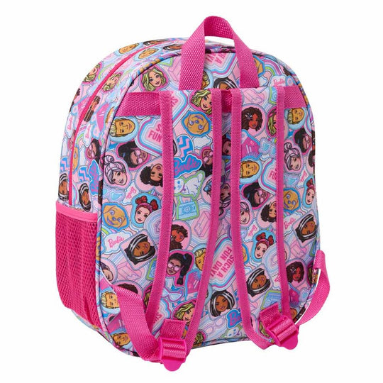 Détail des bretelles rembourrées et de la carte d'identification personnalisée du sac Barbie