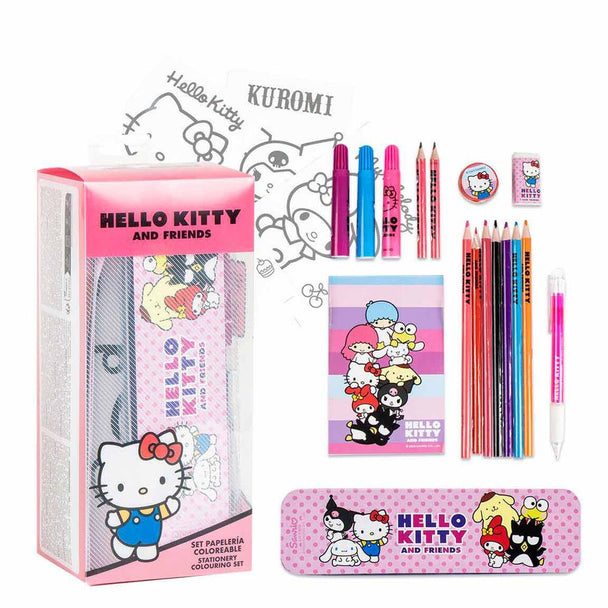 Vue d'ensemble du set de papeterie Hello Kitty à colorier avec plusieurs accessoires colorés