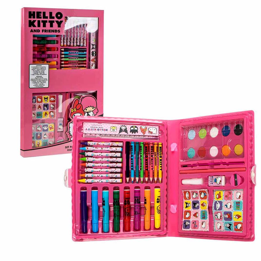 Vue du set de papeterie Hello Kitty à colorier CERDÁ avec ses fournitures colorées et thème enfantin